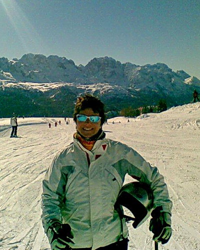 Michela skiing in Italy's Dolomite mountains.