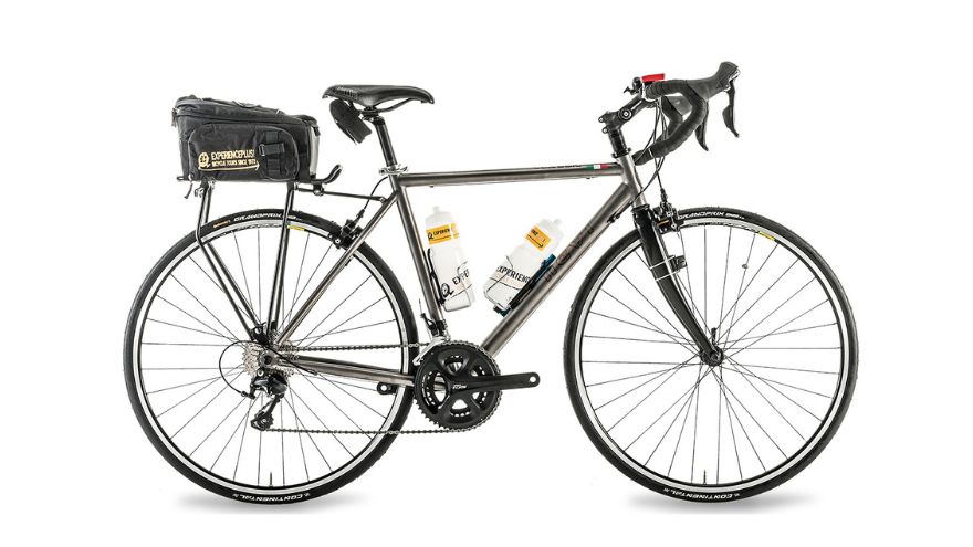 Titanium road bike with rear rack and bag